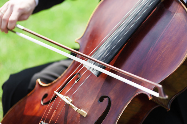 Man's hands playing violoncello outdoors - Photo, Image
