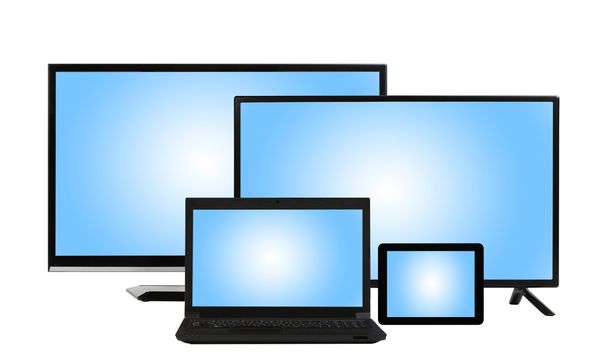 pojęcia komputerowe - mnóstwo różnych monitorach na białym tle - Zdjęcie, obraz