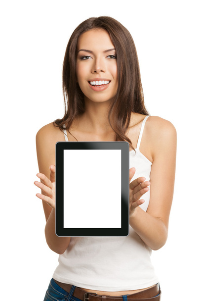 Woman showing blank no-name tablet pc monitor, on white - Foto, afbeelding