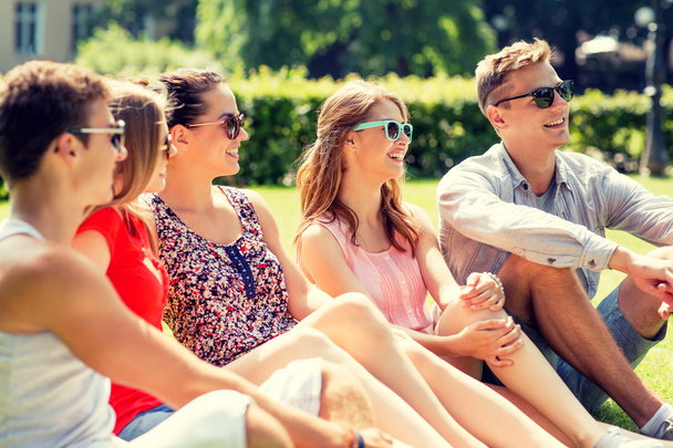 group of smiling friends outdoors sitting on grass - Photo, image