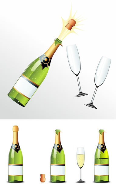 Μπουκάλι σαμπάνιας φελλού και γυαλιά - Διάνυσμα, εικόνα