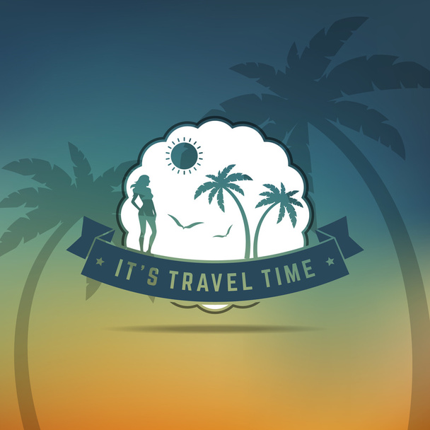 Etiqueta vintage de verano retro sobre fondo colorido. Paraíso tropical, vacaciones en la playa, aventura y viajes
 - Vector, imagen