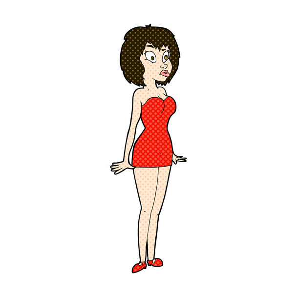 γελοιογραφία κωμικό έκπληκτος γυναίκα σε κοντό φόρεμα - Διάνυσμα, εικόνα
