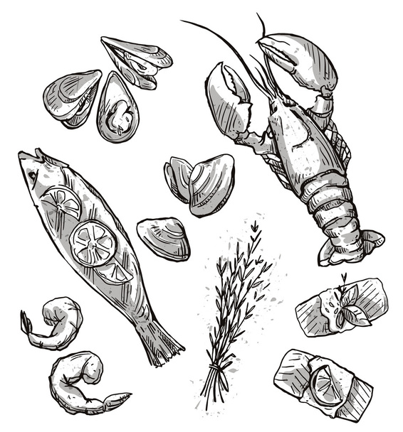 Seafood selection. Vector illustration, black and white - Vetor, Imagem