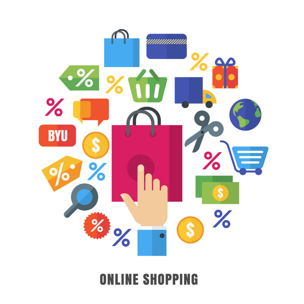 Online shopping vector background. Flat e-commerce icons and sym - Vektori, kuva