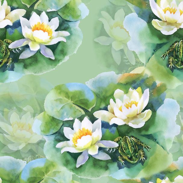 white water-lilly flowers pattern - Fotoğraf, Görsel
