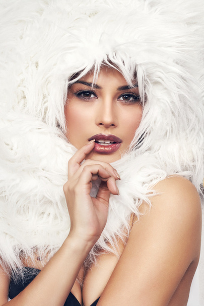 beautiful woman in white fur - Фото, изображение