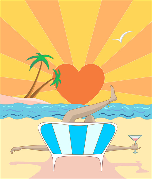 Vector illustration woman lying on beach during sunset - Vector, Image