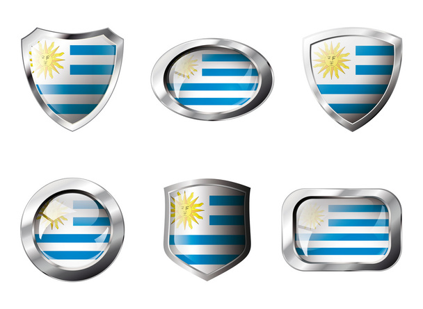 Uruguay conjunto de botones brillantes y escudos de bandera con marco de metal
 - - Vector, imagen