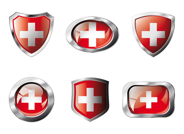 スイスは光沢のあるボタンと金属製のフレーム - 旗の盾を設定 v - ベクター画像