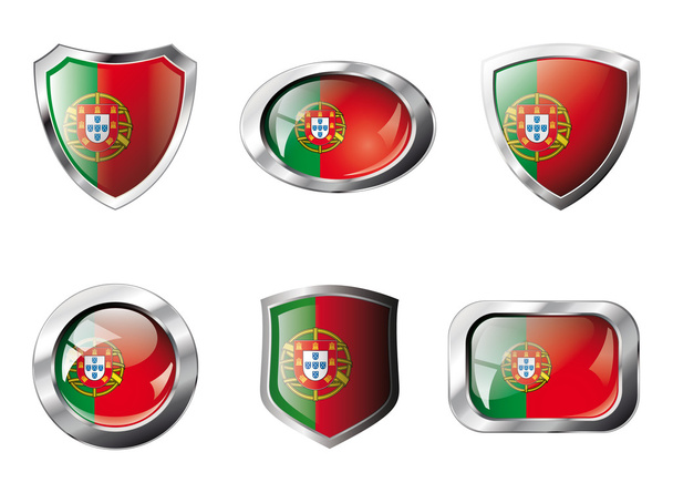 Португалия установила блестящие кнопки и щиты флага с металлической рамой
 - Вектор,изображение