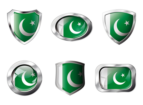 Pakistan set shiny buttons and shields of flag with metal frame - Vector, Image
