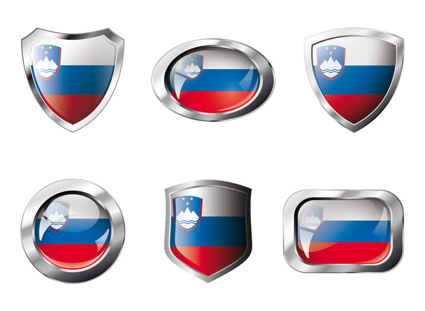 Slovenië instellen glanzende knoppen en schilden van vlag met metalen frame - Vector, afbeelding