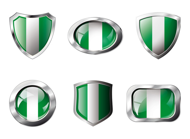 Nigeria setzt glänzende Knöpfe und Wappen der Flagge mit Metallrahmen - - Vektor, Bild
