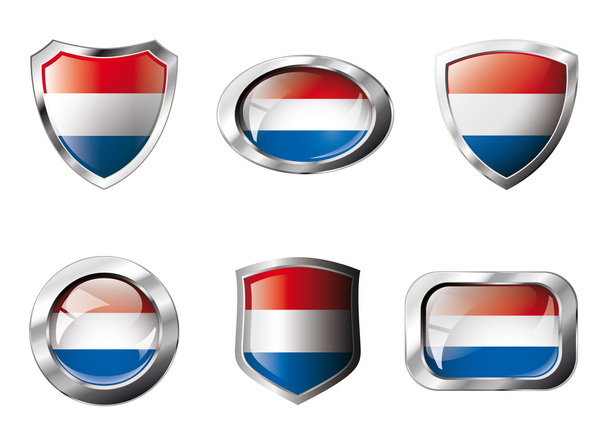 conjunto de botones brillantes y escudos de bandera con marco de metal - vector
 - Vector, imagen