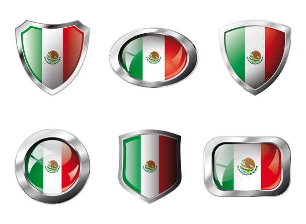 Mexico set shiny buttons and shields of flag with metal frame - - Vektor, kép