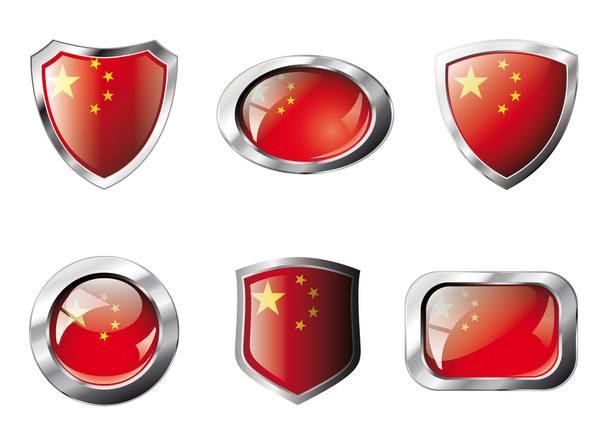 China set shiny buttons and shields of flag with metal frame - v - Vetor, Imagem