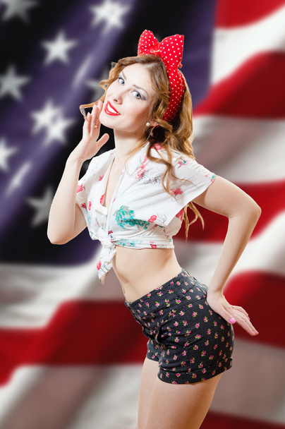 pretty lady with the USA flag - Фото, зображення