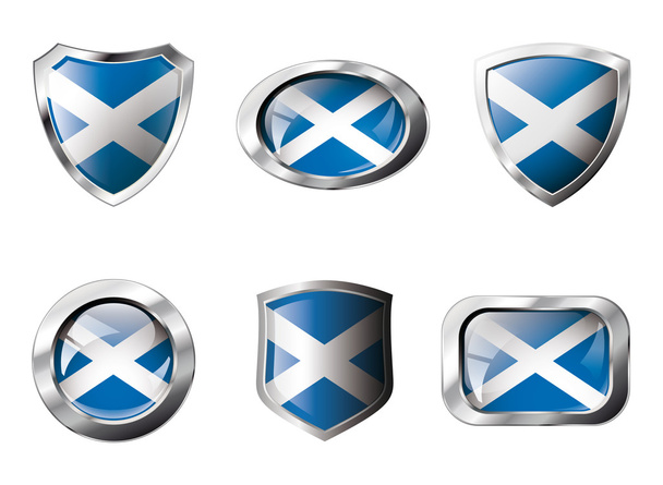 Escócia definir botões brilhantes e escudos de bandeira com moldura de metal
 - Vetor, Imagem