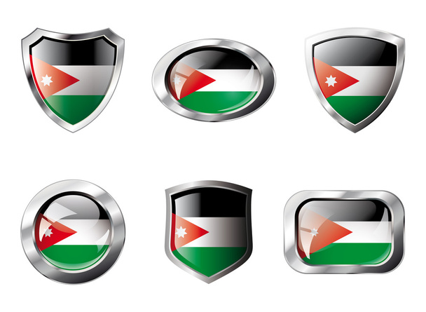 Jordan set shiny buttons and shields of flag with metal frame - - Vector, Image