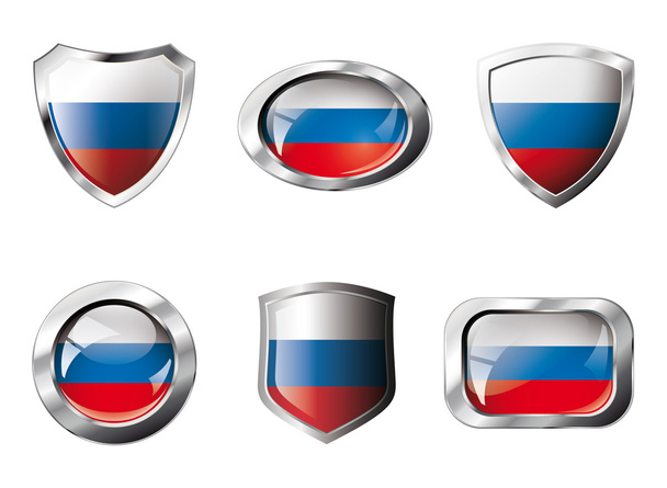 Russia set shiny buttons and shields of flag with metal frame - - Vetor, Imagem