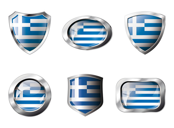 Греция установила блестящие кнопки и щиты флага с металлической рамой
 - - Вектор,изображение