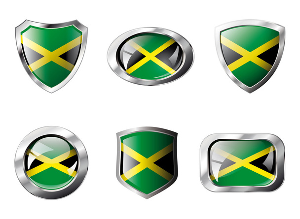 Jamaika asettaa kiiltävät painikkeet ja kilvet lipun metallirunko
 - - Vektori, kuva
