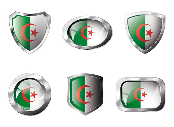 Algéria állítsa fényes gombok és pajzsok zászló fém kerettel - - Vektor, kép