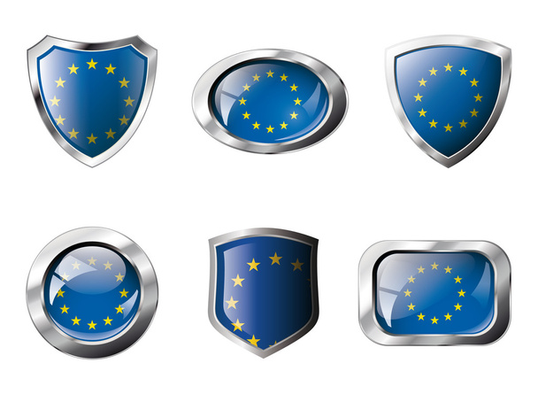 Europe union set shiny buttons and shields of flag with metal fr - Vector, afbeelding