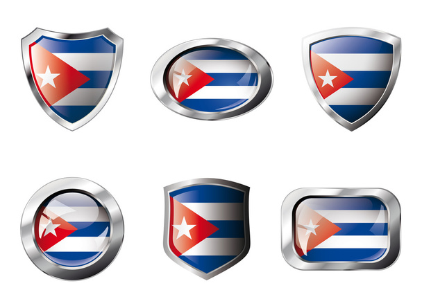 Küba parlak düğmeler ve bayrağı ile metal çerçeve - ve kalkanları ayarla - Vektör, Görsel