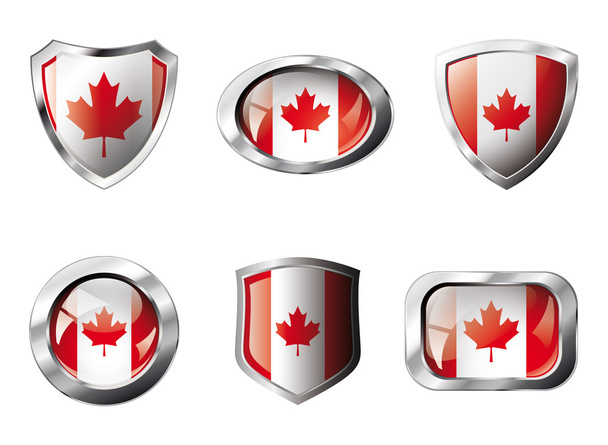 Canada set shiny buttons and shields of flag with metal frame - - Vetor, Imagem