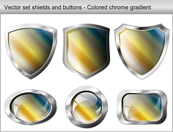 Vector illustration set. Shiny and glossy shield and button with - Wektor, obraz