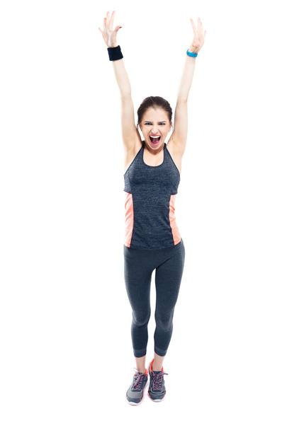 Happy sporty woman standing with raised hands up - Φωτογραφία, εικόνα