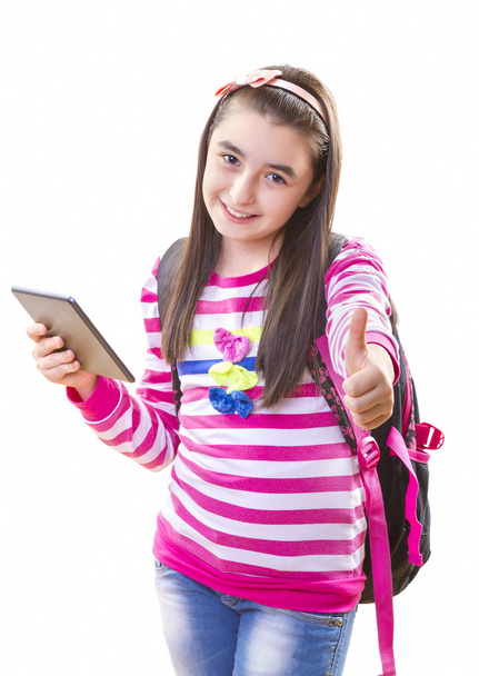 Sırt çantası ve dijital tablet ile güzel genç kız - Fotoğraf, Görsel