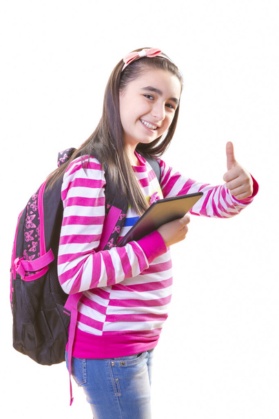 Dziewczyna śliczna nastolatka z plecaka i cyfrowy tablicowy - Zdjęcie, obraz