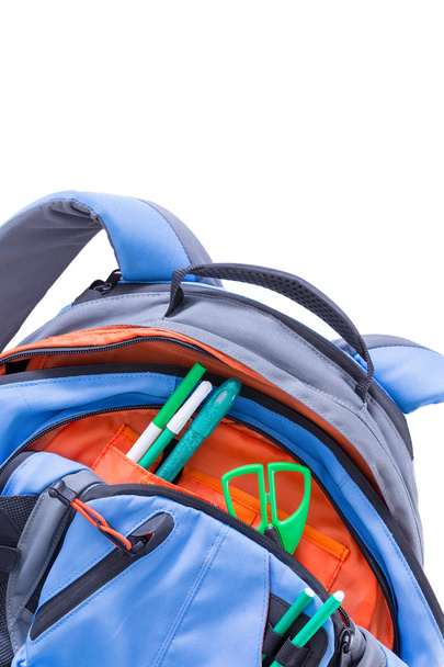 Kids school backpack with pens and scissors - Fotoğraf, Görsel