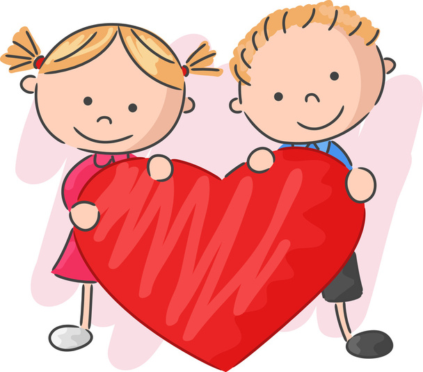 Cartoon little kids holding love - Vector, Image