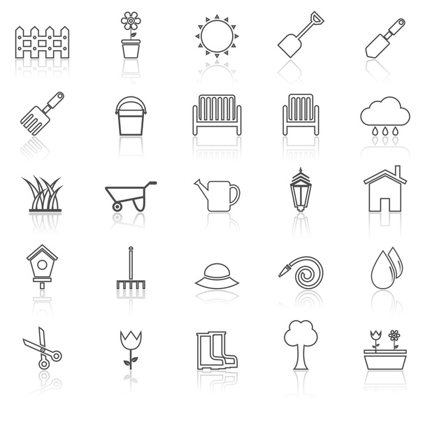 Gardening line icons with reflcet on white - Vector, Image
