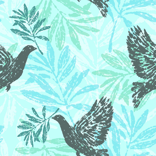 Seamless pattern with olive branches and pigeons - Vector, Image