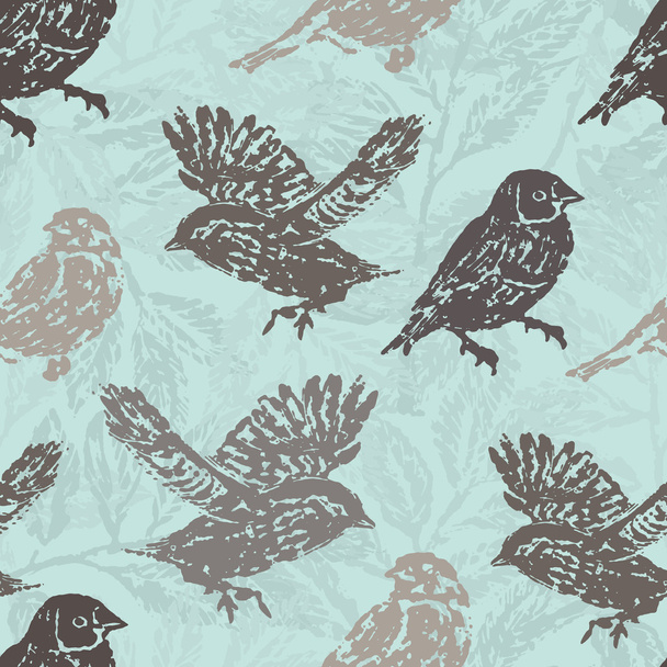 Ink hand drawn birds seamless pattern - Vecteur, image