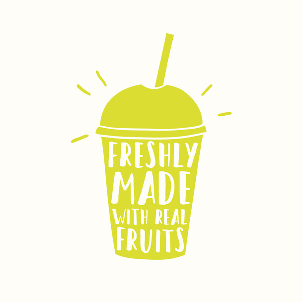 Freshly made with real fruits. Juice or smoothie cup to go - Вектор,изображение