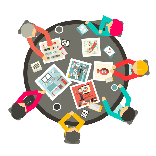 People Around the Circle Table Vector Business Meeting Top View Illustration - Vector, Image