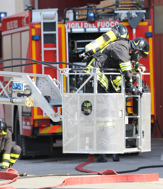 Πυροσβέστης στο κλουβί του πυρ ανεμόσκαλα - Φωτογραφία, εικόνα
