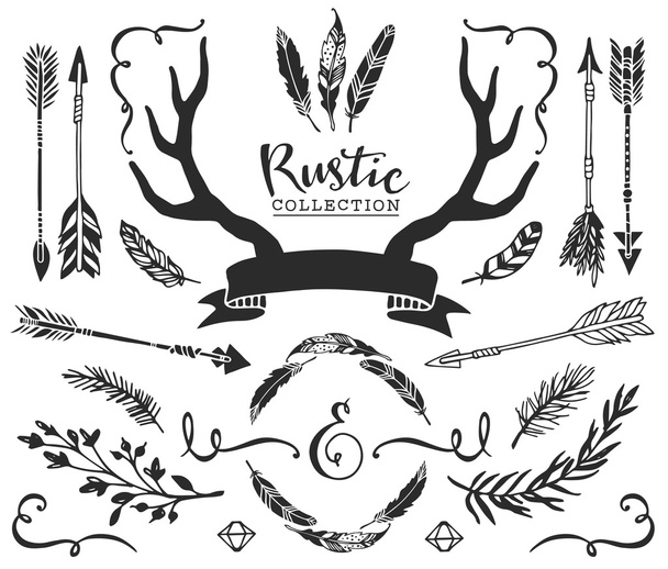 Vintage antlers, feathers, arrows with lettering - Vector, Image