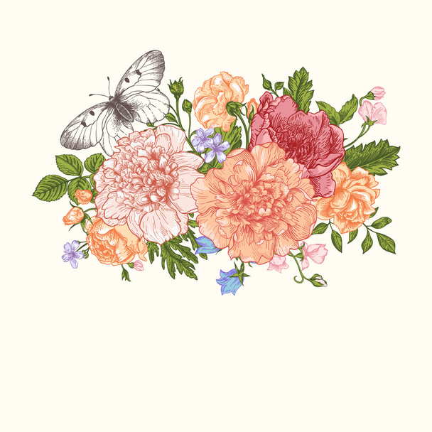 Foral card with garden flowers. - Vector, Imagen