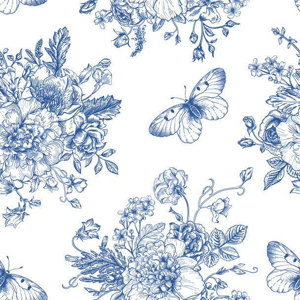 Seamless  pattern  flowers and butterflies. - Vector, Image