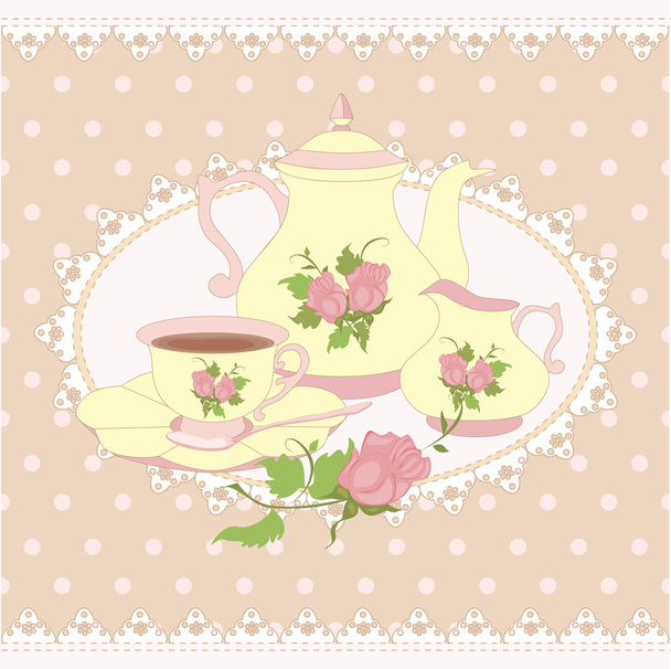 Vector composition teapot, Cup and milk jug in a lace frame. - Vector, Image
