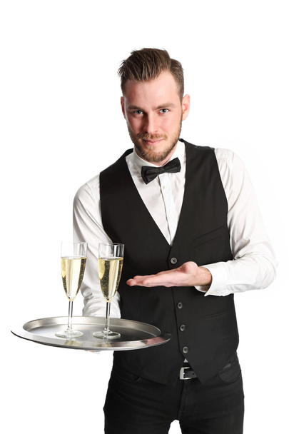 Waiter in his 20s serving champagne - Photo, Image