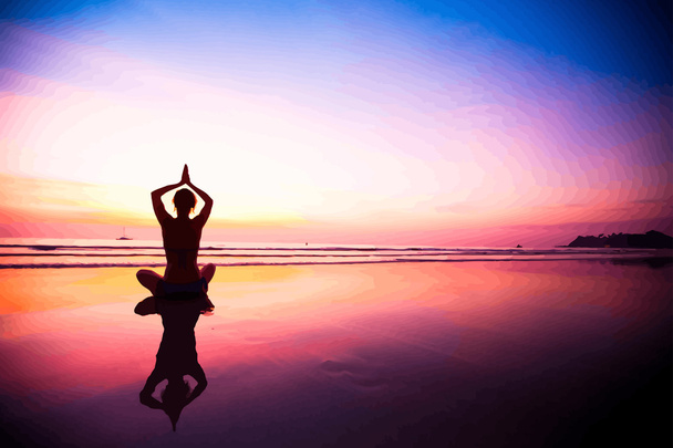 silhouette di una donna che medita sulla spiaggia - Vettoriali, immagini