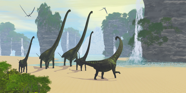 Una manada de dinosaurios Mamenchisaurus
 - Foto, imagen